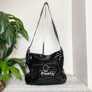 Brighton Croc Embossed Blk Patent Leather Handbag